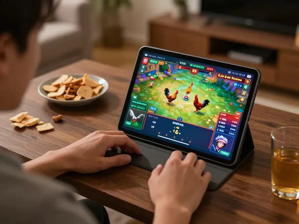Engaging in đá gà thomo live match on tablet, showcasing vibrant action and online betting.