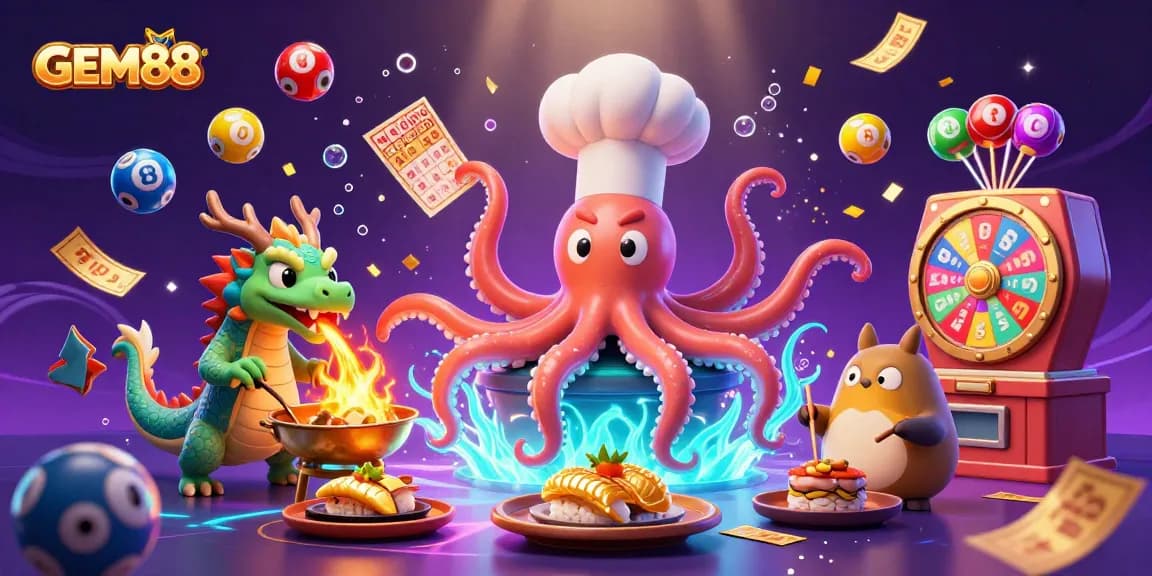 Engage with GEM88's thrilling lottery as the octopus chef, dragon, and tanuki create magical moments.