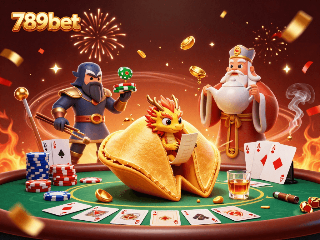 Engage with the dynamic scene of 789bet, featuring a giant fortune cookie and courageous characters in a lively casino.