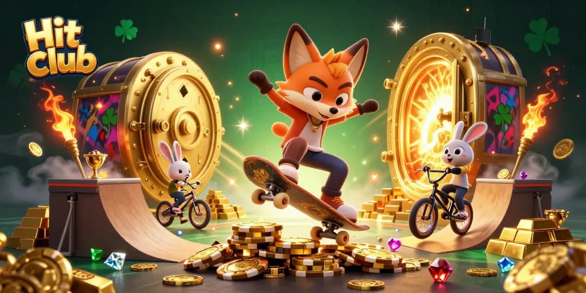 Hit club gamers enjoy a thrilling kickflip scene featuring dynamic characters and dazzling casino treasures.