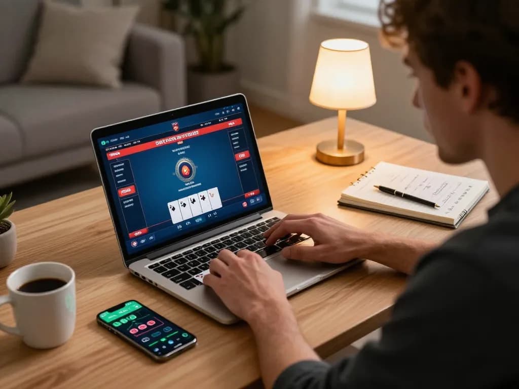U888 player engaging in poker strategies during an online game session with laptop interface