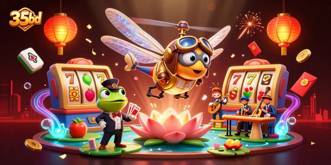 Experience excitement at 35bd casino with a lively 3D scene of gaming thrills and vibrant characters.