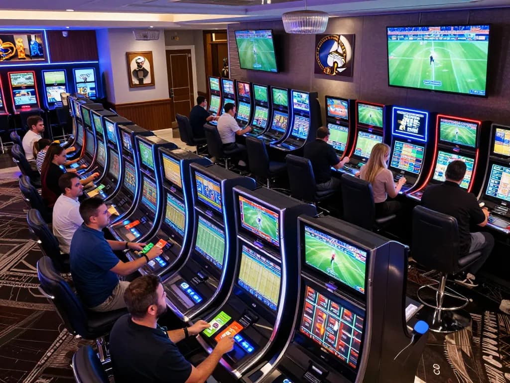 Excited patrons betting on live sports at 22ff.br.com in a modern casino.