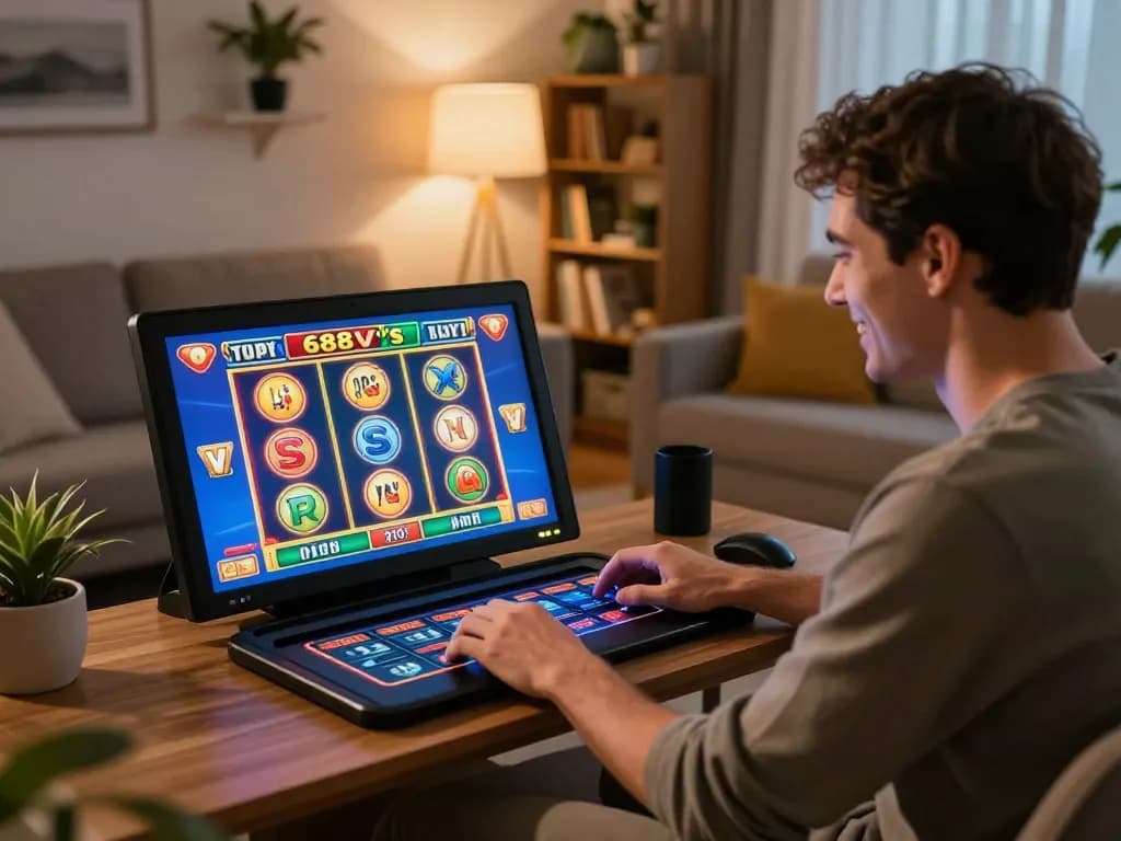 Player enjoying engaging 688v slot games on a tablet in a cozy home setting.