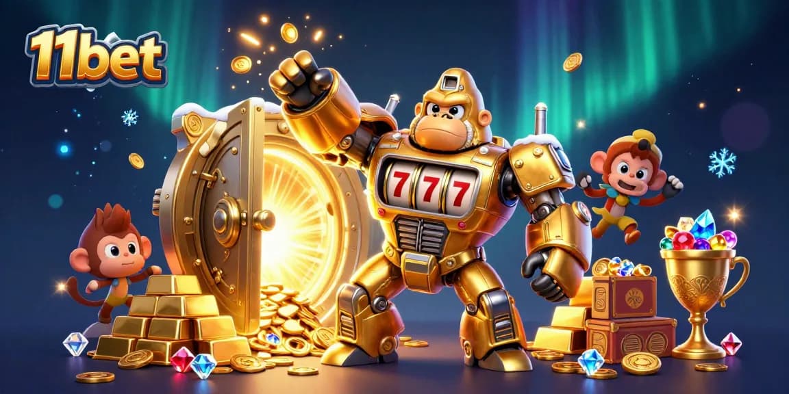 Spin to win with 11bet in this vibrant 3D casino illustration featuring golden gorilla mech.