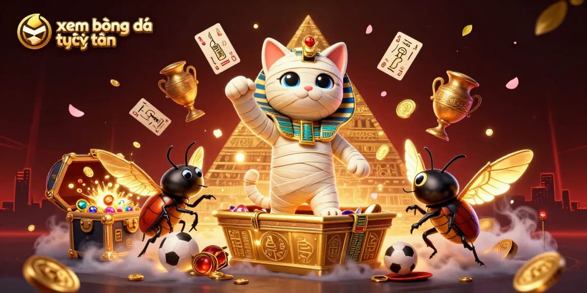 Experience xem bóng đá trực tuyến with a dynamic illustration of an Egyptian mummy cat and a beetle in a casino.