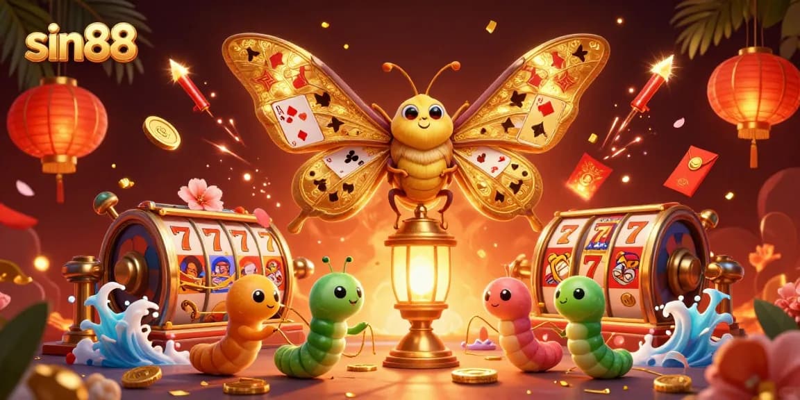 Engage with sin88’s vibrant casino scene featuring a moth and dynamic game elements.