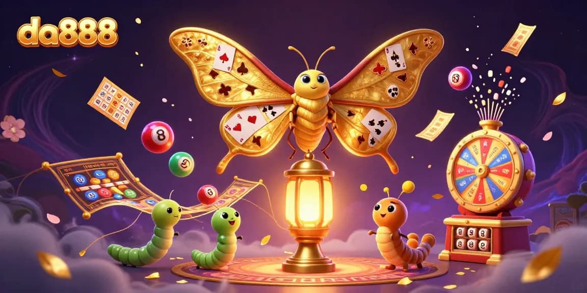 Engage with da888 featuring a vibrant casino scene, lively lottery balls, and a majestic atlas moth.