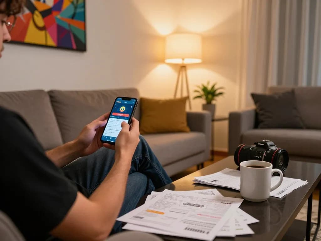 Sessão de jogos envolvente no aplicativo 12bet Brasil em um ambiente aconchegante em casa