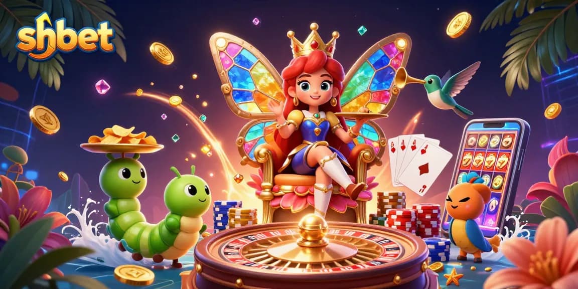 Engage with shbet's casino excitement featuring a butterfly queen, golden chips, and dazzling gaming elements.