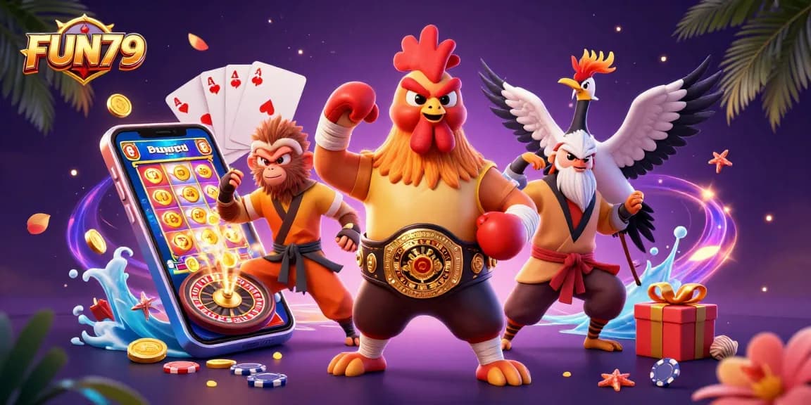 FUN79 players enjoying thrilling casino experience with vibrant games and characters.