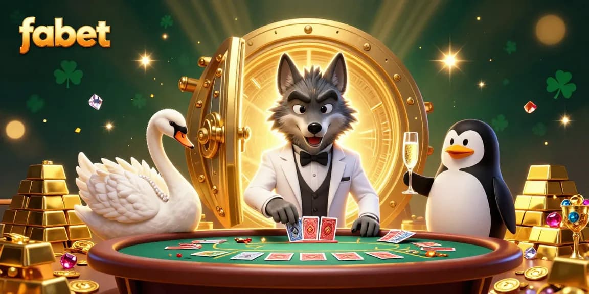 Experience the thrill of winning with fabet at a baccarat table with vibrant characters and golden treasures.