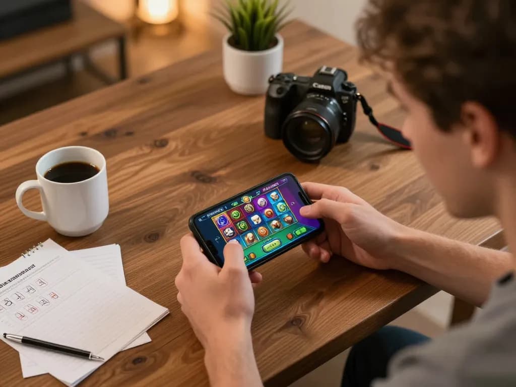 Nohu90 player engaging in online gaming with smartphone, showcasing immersive slot options.