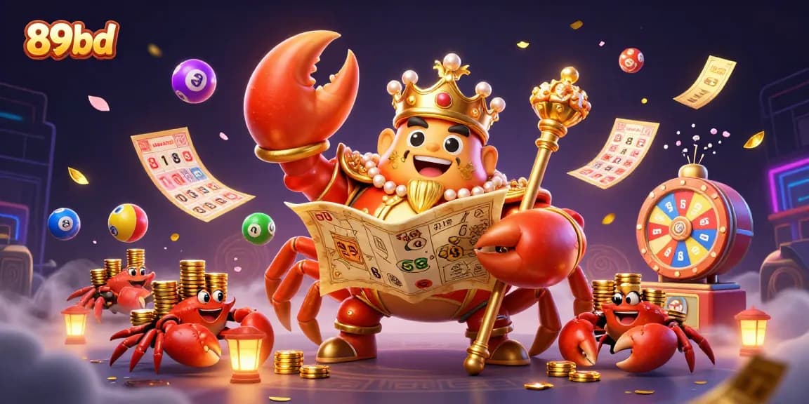 89bd brings excitement with a vibrant 3D gambling scene featuring a crab emperor, lottery elements, and treasure.