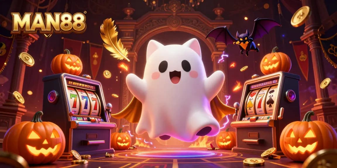 Win big with MAN88 in a vibrant haunted casino scene full of spooky characters and slot games.