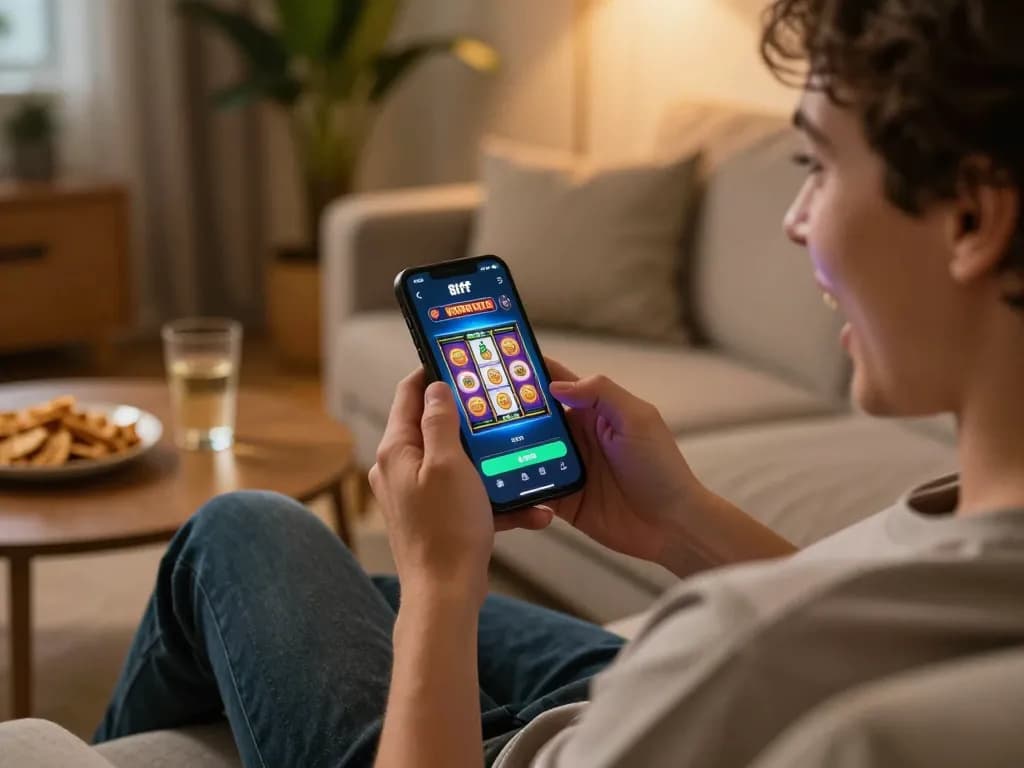 Engaging with the 81ff app for mobile gambling excitement on a cozy couch