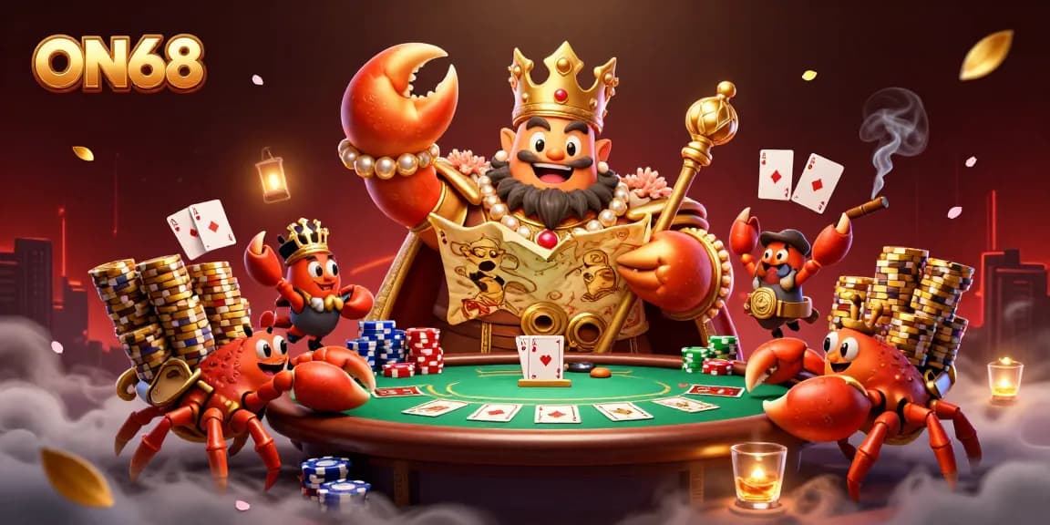 Experience the excitement of ON68 with a golden crab emperor at a dynamic poker scene.