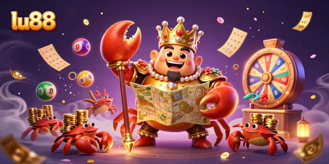 Experience the excitement of lu88 with a golden crab emperor and lottery elements in this dynamic casino scene.