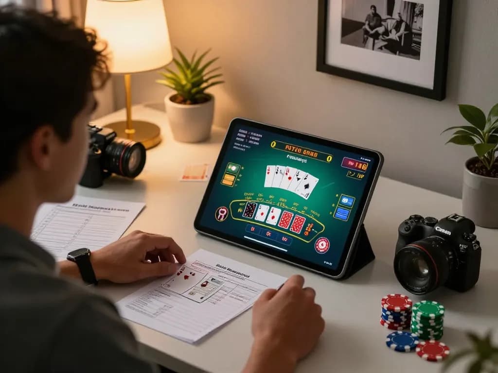 Sunwin blackjack gameplay on a tablet showcasing strategic bets in a cozy home office.