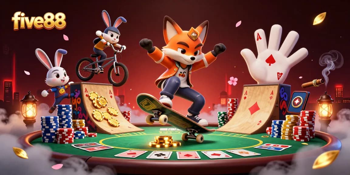 Experience exciting gameplay with five88 as the skateboarder fox performs tricks over a ramp of poker chips.