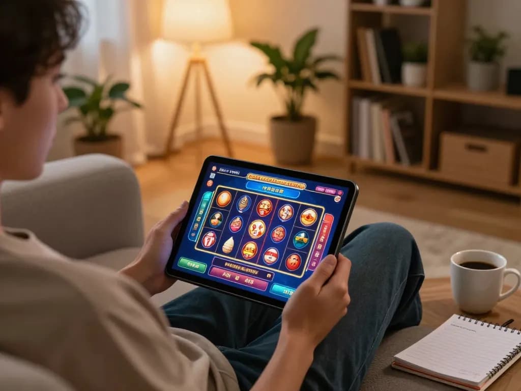 Engaging online casino game with 27G on tablet, cozy home atmosphere