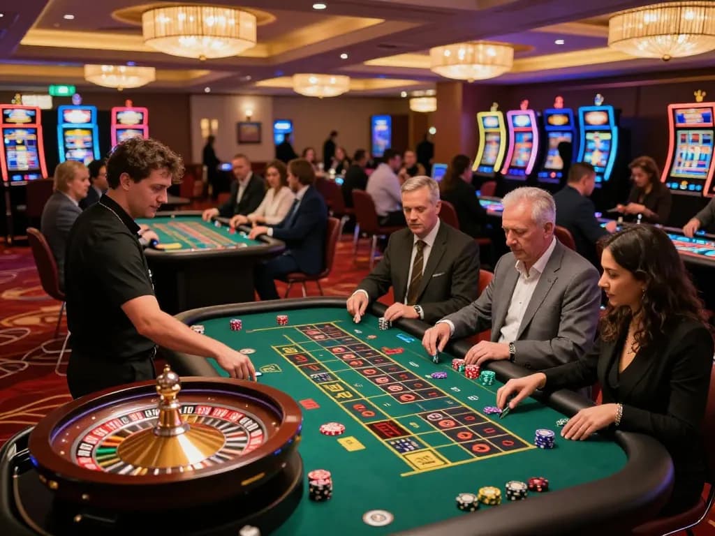 Dynamic roulette gameplay at a lively casino highlighting Go8 players engaged with vibrant atmosphere.