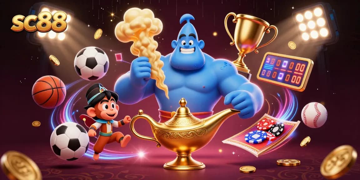 Engage in thrilling gaming at sc88 with a vibrant scene of a genie, monkey, and poker chips surrounded by dynamic sports elements.