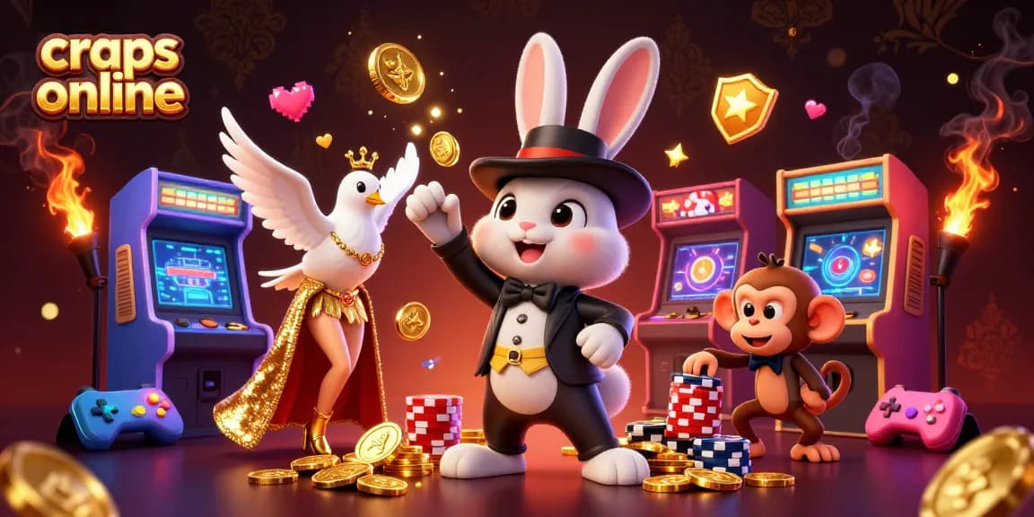 Engage in craps online with a magical scene featuring a rabbit, dove, and monkey amidst casino elements.