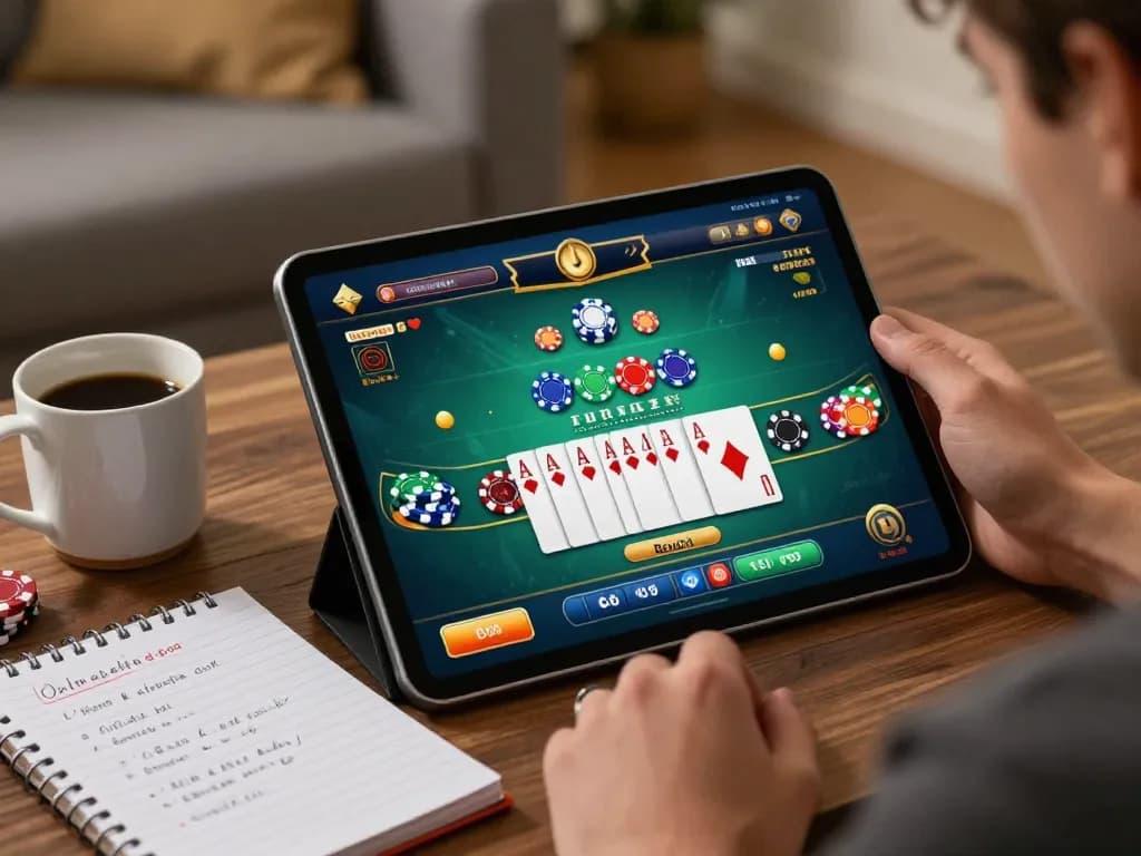 TG88 player enjoying online baccarat with tablet in a cozy living room.