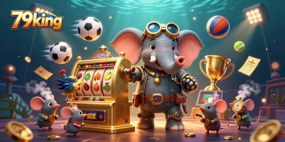 Engage with 79king's exciting slot games as a steampunk elephant operates a golden slot machine.