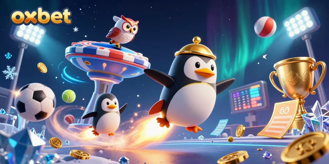 Play exciting games at oxbet, featuring a golden penguin and dynamic sports elements.