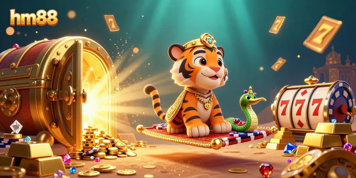 Experience gambling excitement with hm88 in a 3D cartoon scene of a sultan and treasures