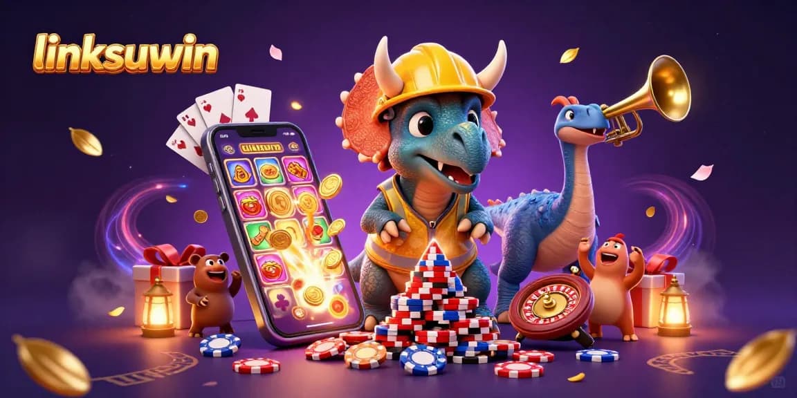 Celebrate big wins with linksunwin, featuring lively dinosaurs amidst a vibrant casino scene.
