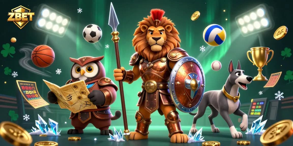 ZBET delivers thrilling sports betting action with lions, owls, and greyhounds illustrating high odds.