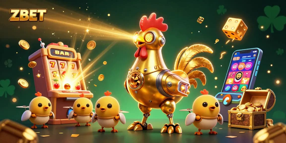 ZBET activates thrilling gameplay with dynamic golden rooster robot and jackpot slot machine explosion.