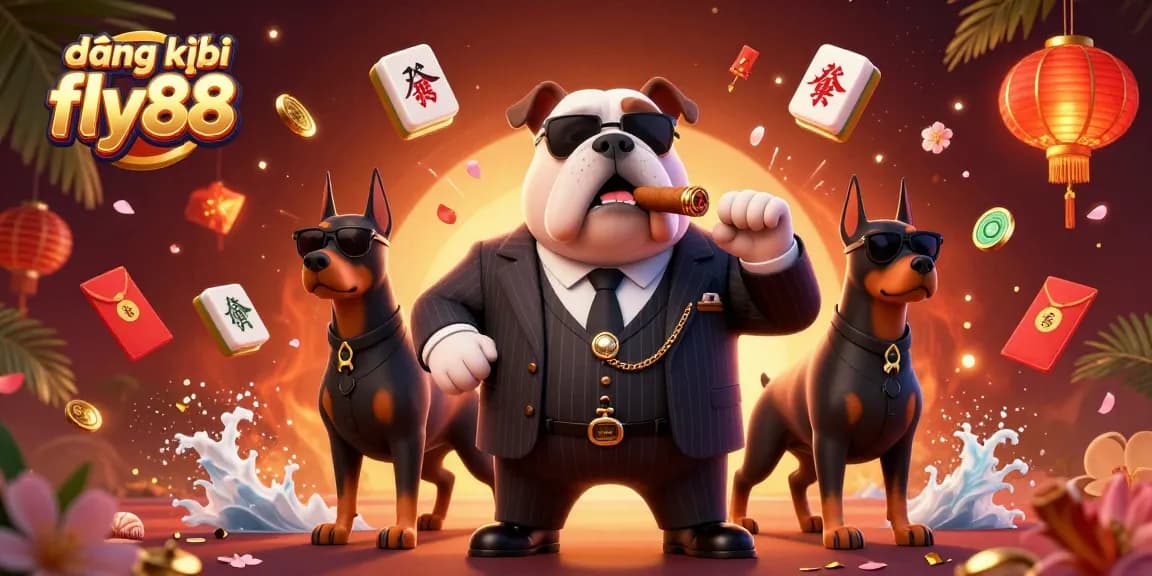 Experience đăng ký fly88 with a vibrant scene featuring a mafia boss bulldog and Doberman bodyguards in a dynamic casino environment.