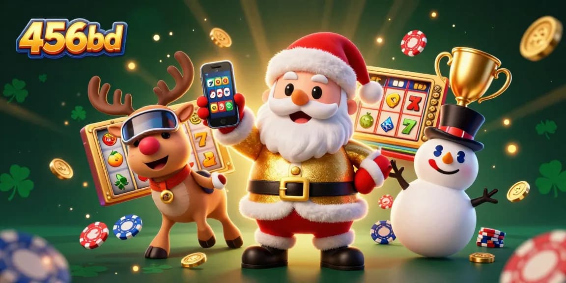 Spin the slots with 456bd's festive casino illustration featuring Santa and friends in action.