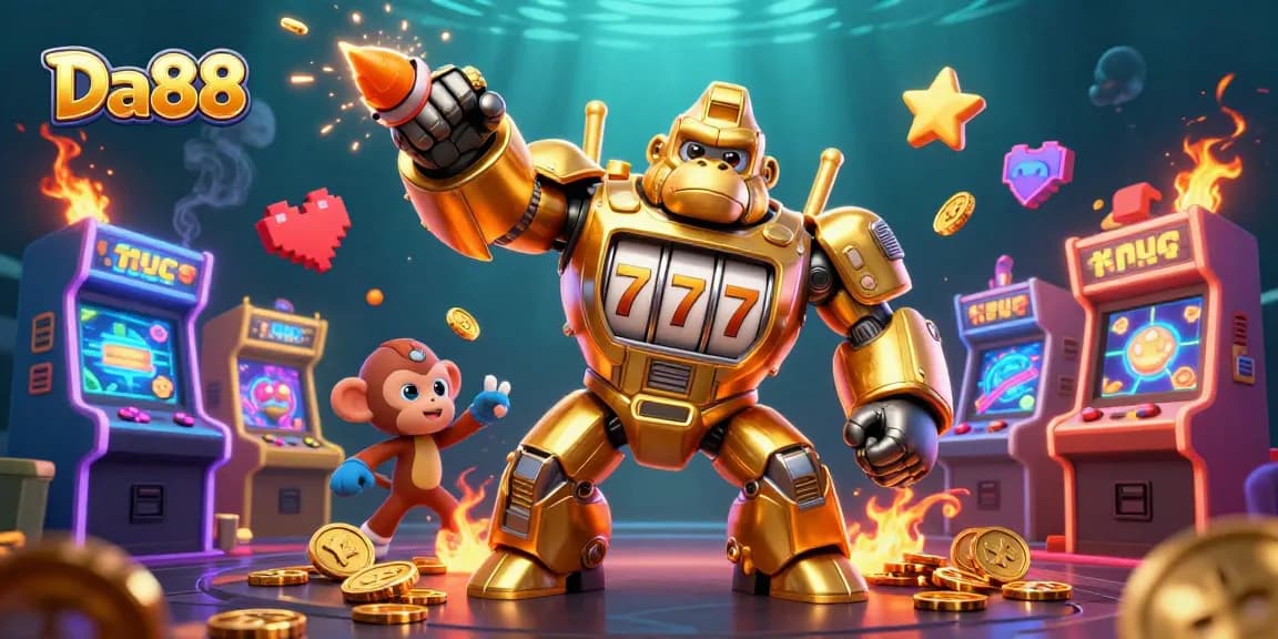 Experience thrilling wins with Da88, a vibrant casino scene featuring a golden mech and arcade elements.