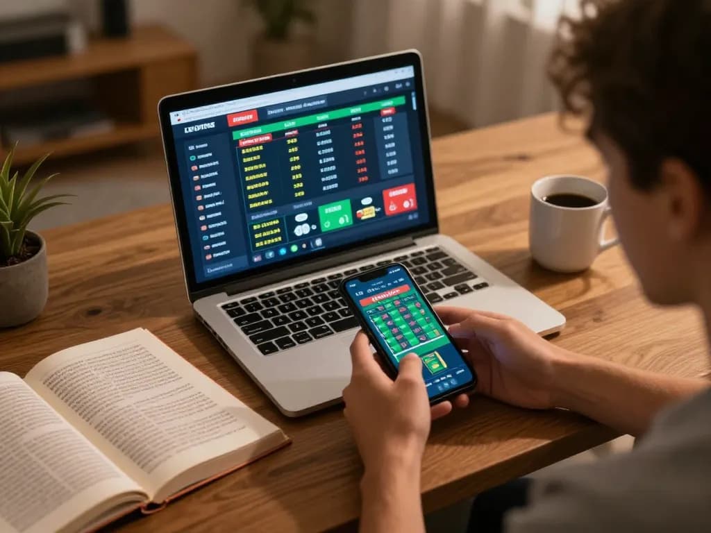 Kèo nhà cái hôm nay dynamics in a home betting setup with person placing bets on smartphone, showcasing real-time odds updates.