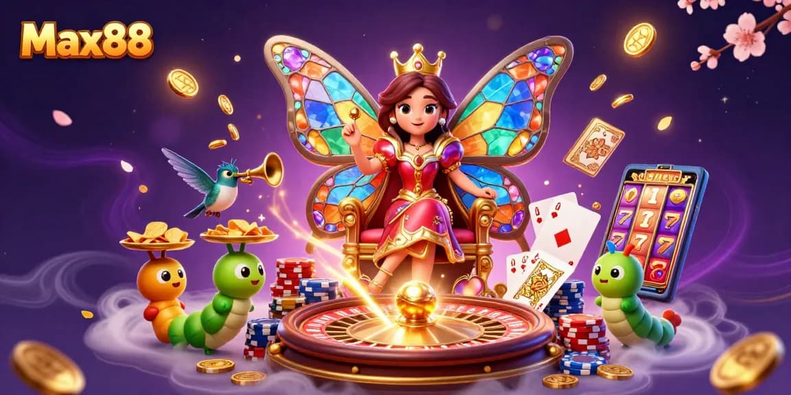 Max88 showcases a whimsical casino world with a butterfly queen among vibrant gaming elements.