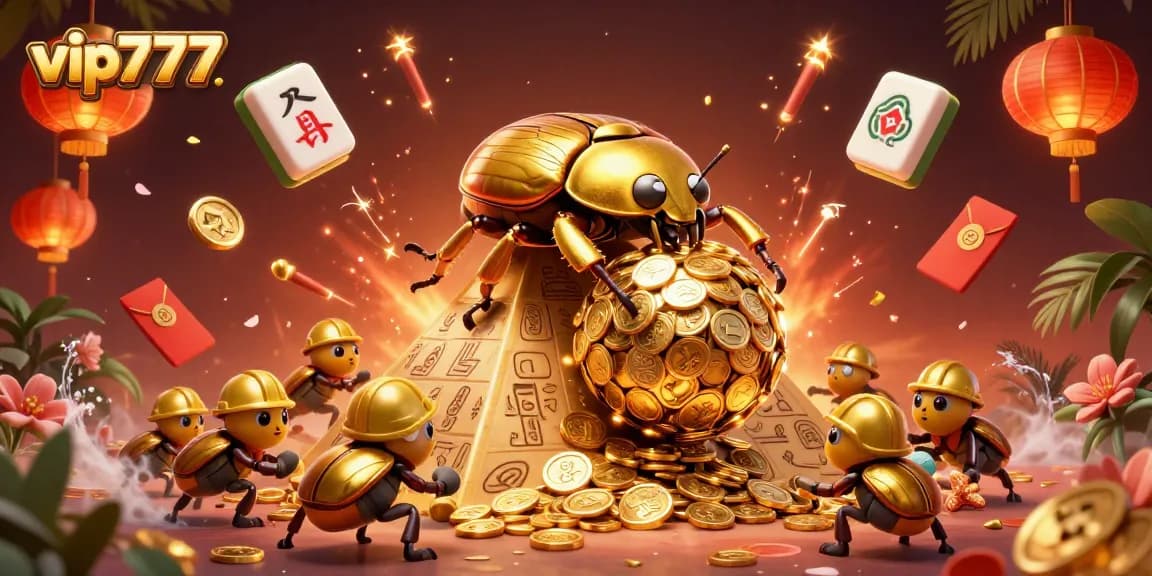 Experience thrilling gaming action with vip777, showcasing cartoon beetles and golden coins in an exciting casino scene.