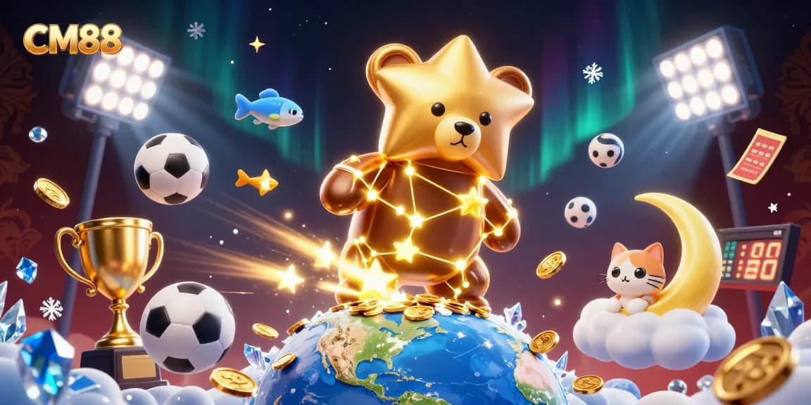 Experience thrilling gameplay at CM88 with a cartoon bear scooping up coins amidst vibrant, dynamic casino elements.