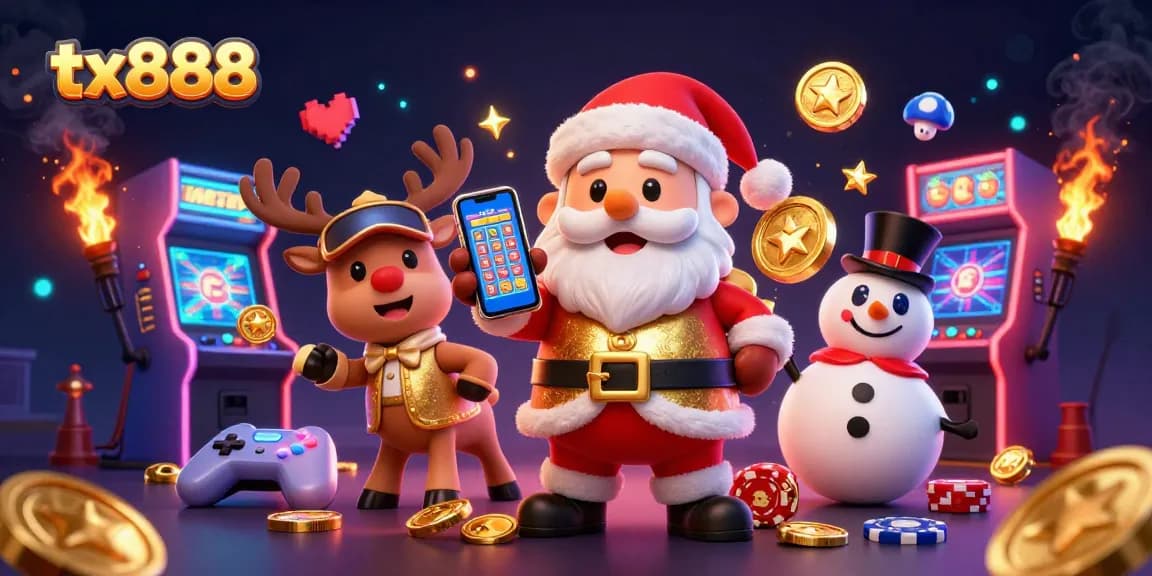 Celebrate jackpots with tx888, featuring Santa, reindeer, and a snowman in a bustling casino scene.