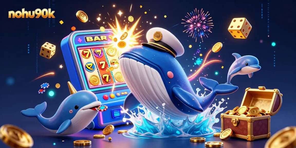 Engage with nohu90k's thrilling jackpot experience featuring a whale, narwhal, and dolphins.