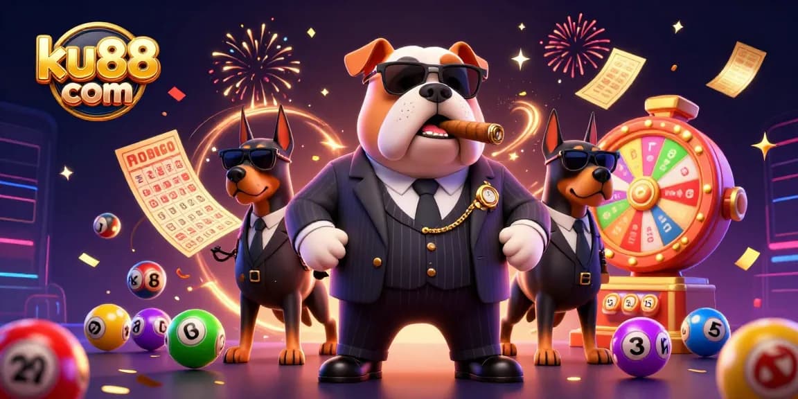 Engage with ku88 com's vibrant lottery scene featuring a mafia boss bulldog amidst colorful lottery elements.