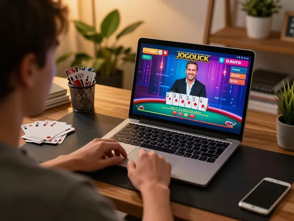 Player enjoying jogoluck blackjack on a laptop in stylish home office