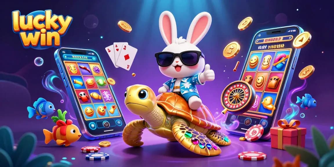 Lucky win as the adorable lucky rabbit enjoys a slot game adventure on a golden turtle.