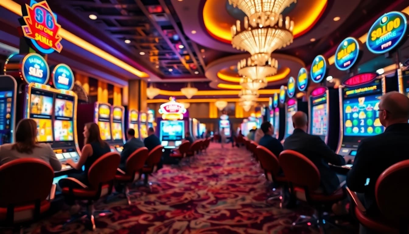 Slot gacor di mesin permainan kasino yang ramai dan penuh warna.