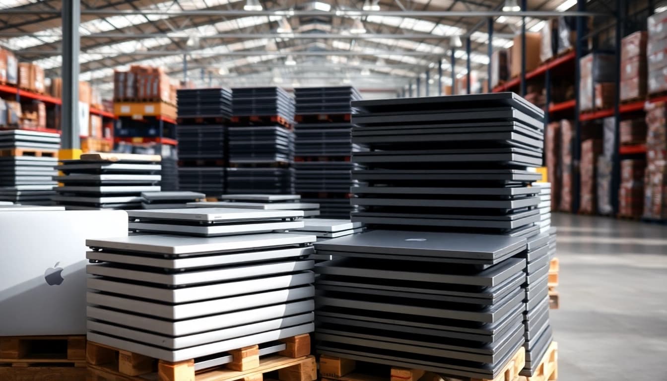 Discover MacBook Pro pallets for Sale displayed prominently in a brightly lit warehouse setting.