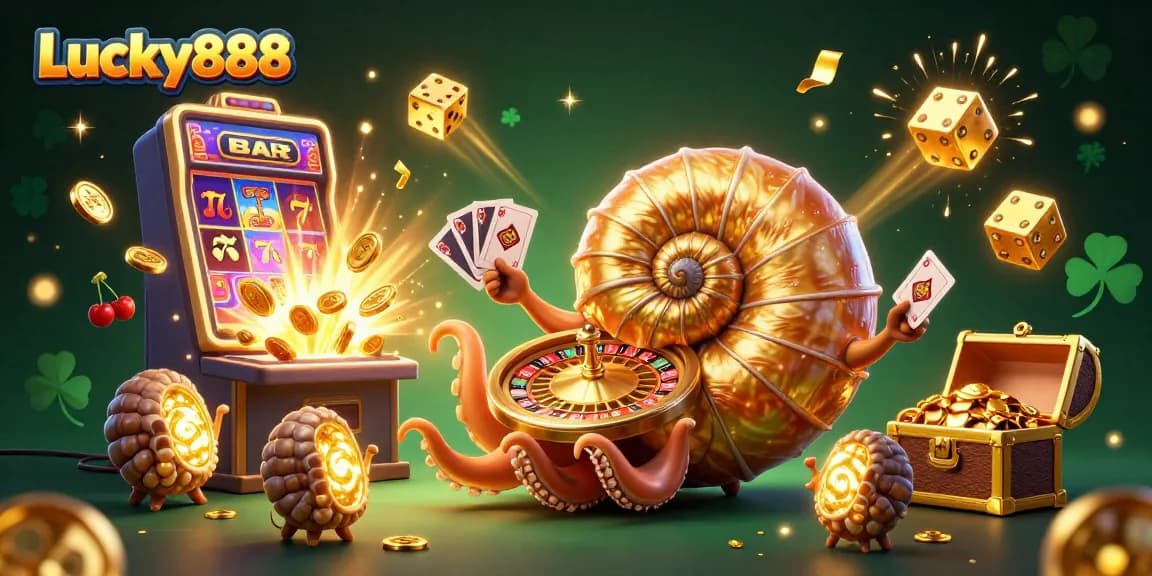 Experience the excitement of Lucky888 with a vibrant, cartoon-style casino scene featuring a giant nautilus roulette and exciting game elements.